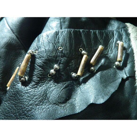 Vintage D. Frank Jacket Men Size‎ X-Large Black Leather White Fur Fringed Beaded - Picture 11 of 14